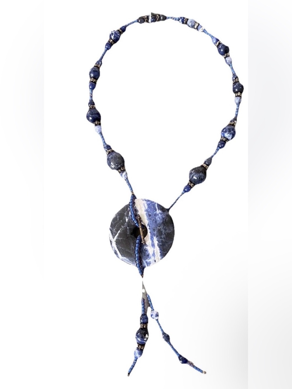Blue Agate Sterling Silver Beaded Pendant Necklace